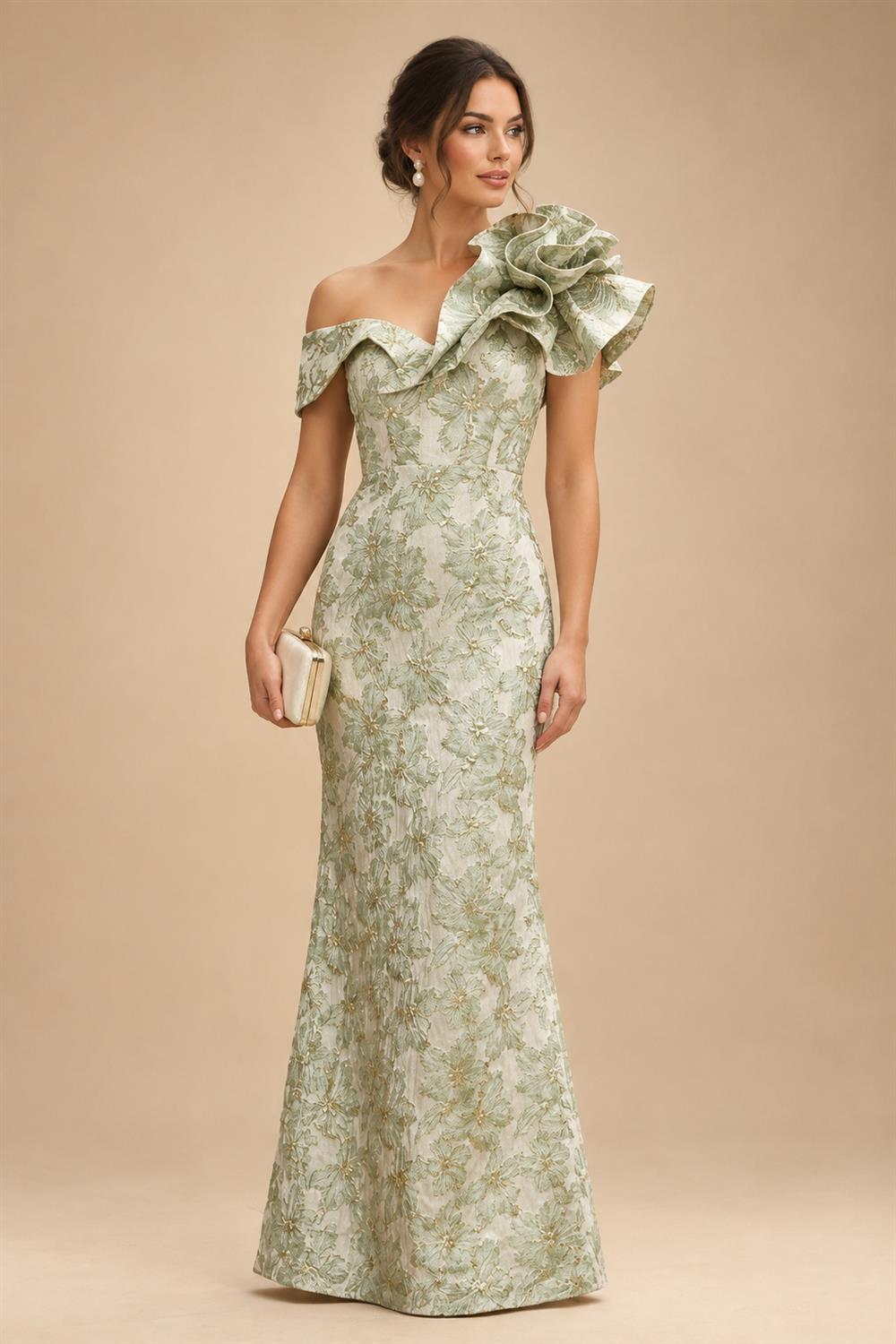 Sheath Floral Jacquard Off Shoulder Mother of the Bride & Groom Dresses with Flower (SHI22500777)