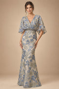 Jacquard Sheath/Column 3/4 Sleeves Floor-Length Mother of the Bride & Groom Dresses with Ruched Waist & Rhinestones (SHI22500801)