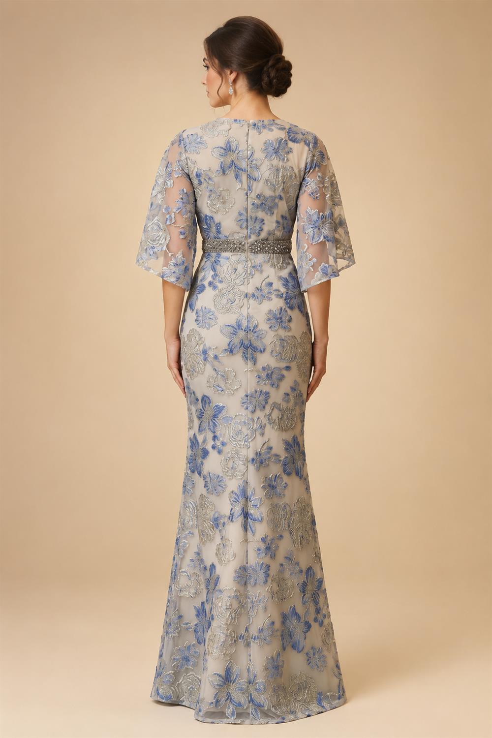Jacquard Sheath/Column 3/4 Sleeves Floor-Length Mother of the Bride & Groom Dresses with Ruched Waist & Rhinestones (SHI22500801)