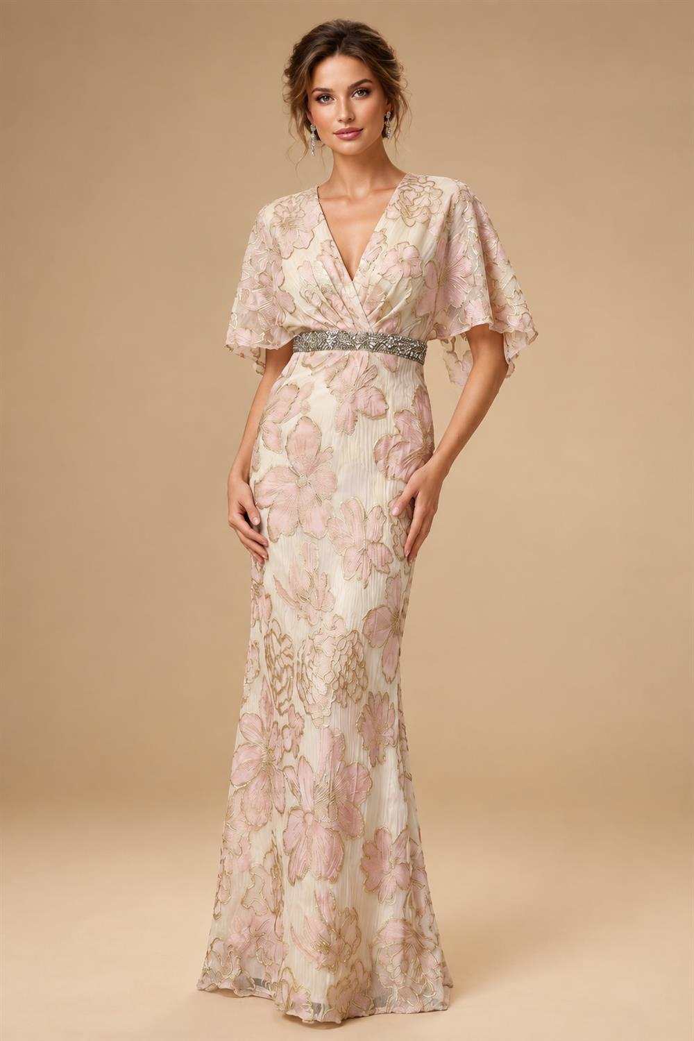 Jacquard Sheath/Column 3/4 Sleeves Floor-Length Mother of the Bride & Groom Dresses with Ruched Waist & Rhinestones (SHI22500801)