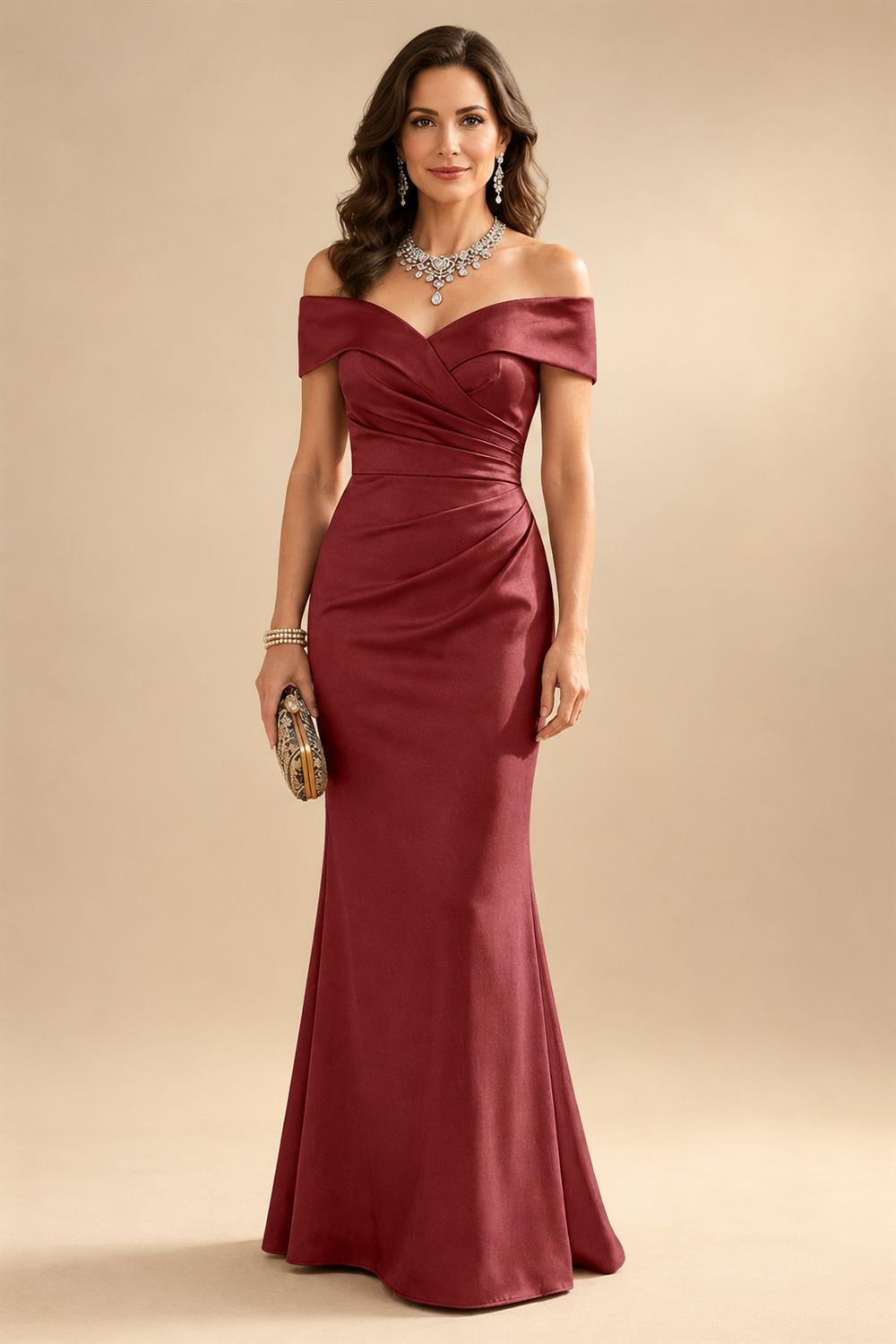 Sheath Silk Off Shoulder Ruched Maxi Mother of the Bride & Groom Dresses (SHI22500808)