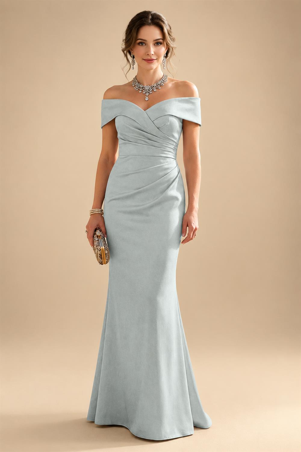Sheath Silk Off Shoulder Ruched Maxi Mother of the Bride & Groom Dresses (SHI22500808)