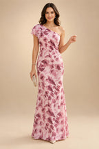 Lace Sheath/Column One Shoulder Floor-Length Mother of the Bride & Groom Dresses with Ruched Waist (SHI22500892)