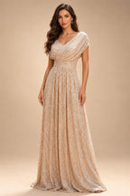 Sequin Floral A-Line/Princess V-Neck Floor-Length Mother of the Bride & Groom Dresses with 3D Flowers & Pleats (SHI22501348)