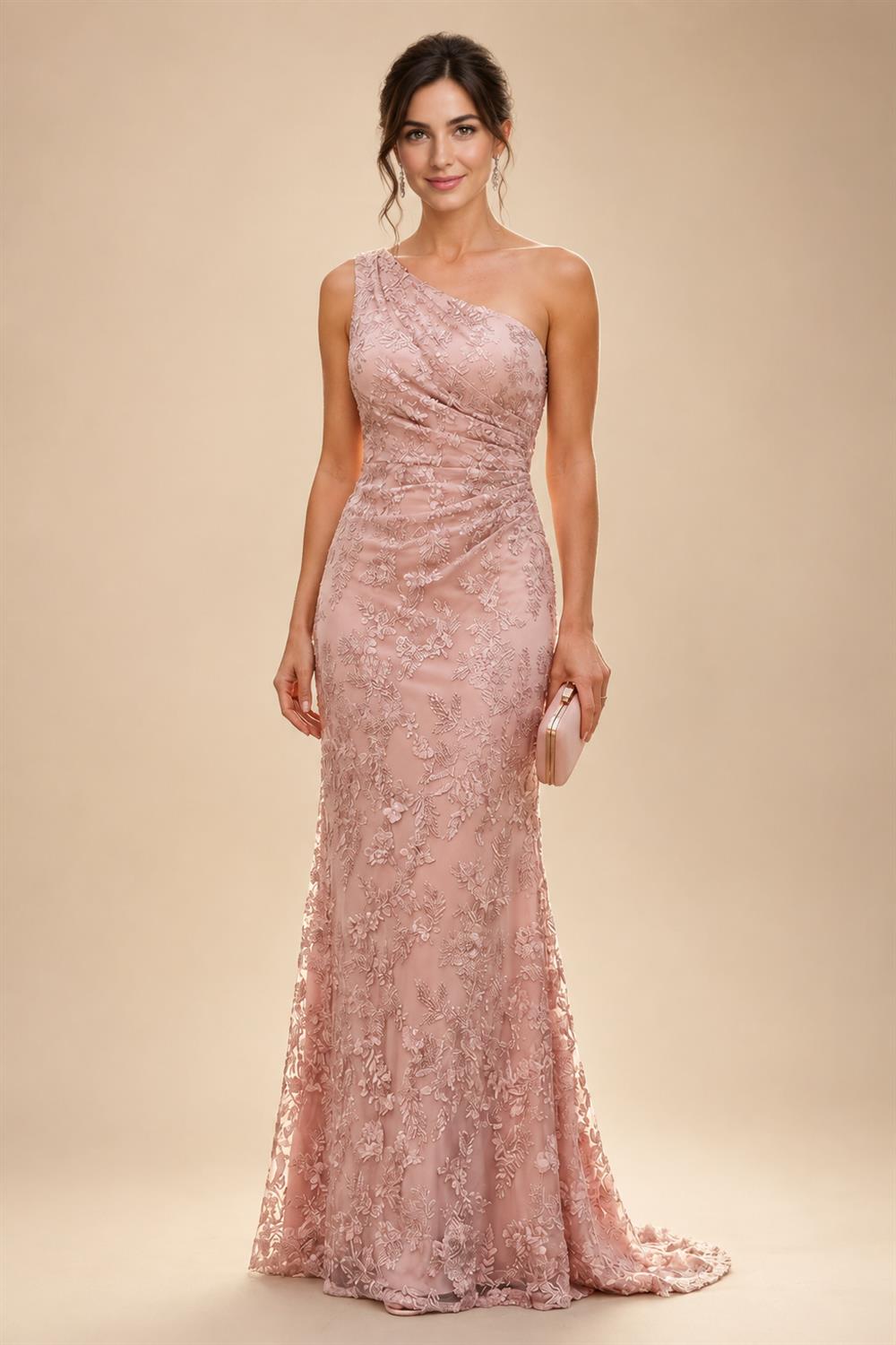 Lace Sheath/Column One Shoulder Floor-Length Mother of the Bride & Groom Dresses with Ruched Waist (SHI22500892)