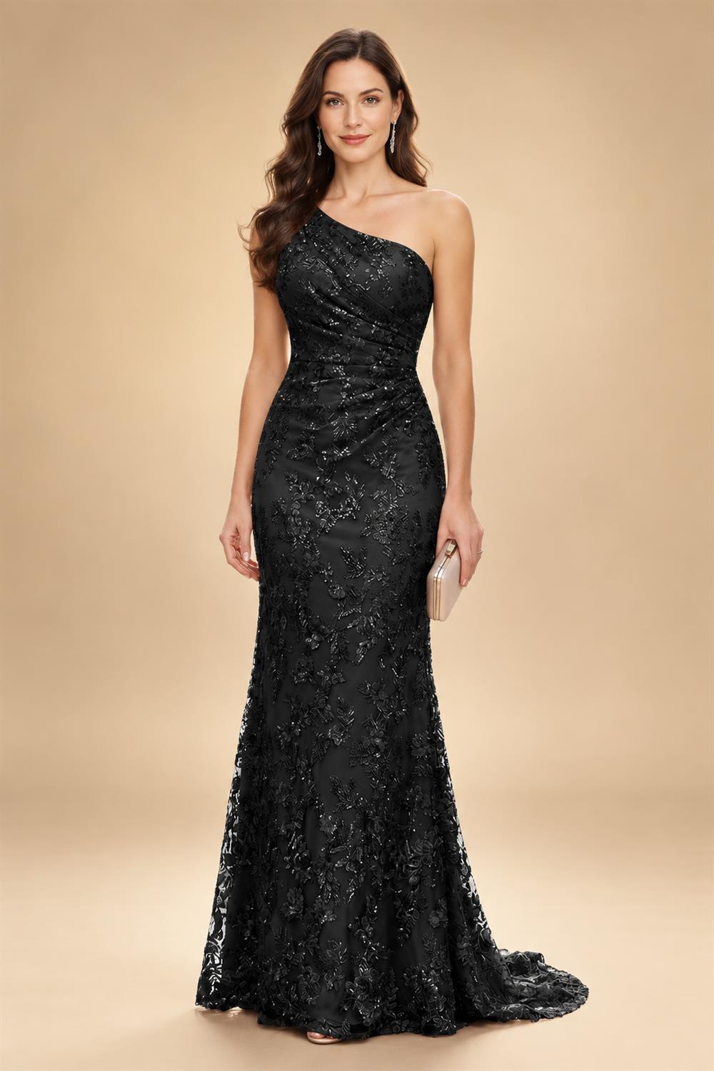 Lace Sheath/Column One Shoulder Floor-Length Mother of the Bride & Groom Dresses with Ruched Waist (SHI22500892)