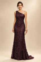 Lace Sheath/Column One Shoulder Floor-Length Mother of the Bride & Groom Dresses with Ruched Waist (SHI22500892)