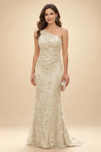 Lace Sheath/Column One Shoulder Floor-Length Mother of the Bride & Groom Dresses with Ruched Waist (SHI22500892)
