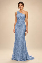 Lace Sheath/Column One Shoulder Floor-Length Mother of the Bride & Groom Dresses with Ruched Waist (SHI22500892)