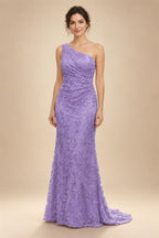 Lace Sheath/Column One Shoulder Floor-Length Mother of the Bride & Groom Dresses with Ruched Waist (SHI22500892)