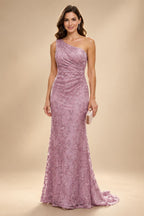 Lace Sheath/Column One Shoulder Floor-Length Mother of the Bride & Groom Dresses with Ruched Waist (SHI22500892)