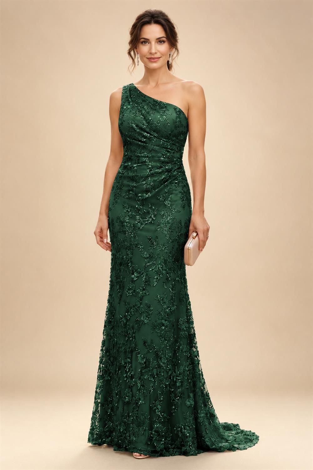Lace Sheath/Column One Shoulder Floor-Length Mother of the Bride & Groom Dresses with Ruched Waist (SHI22500892)