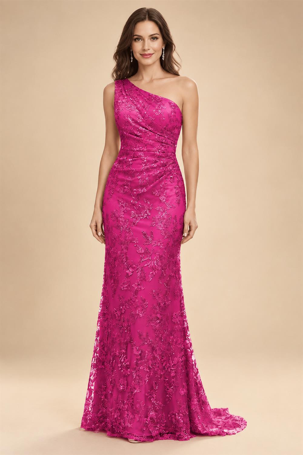 Lace Sheath/Column One Shoulder Floor-Length Mother of the Bride & Groom Dresses with Ruched Waist (SHI22500892)