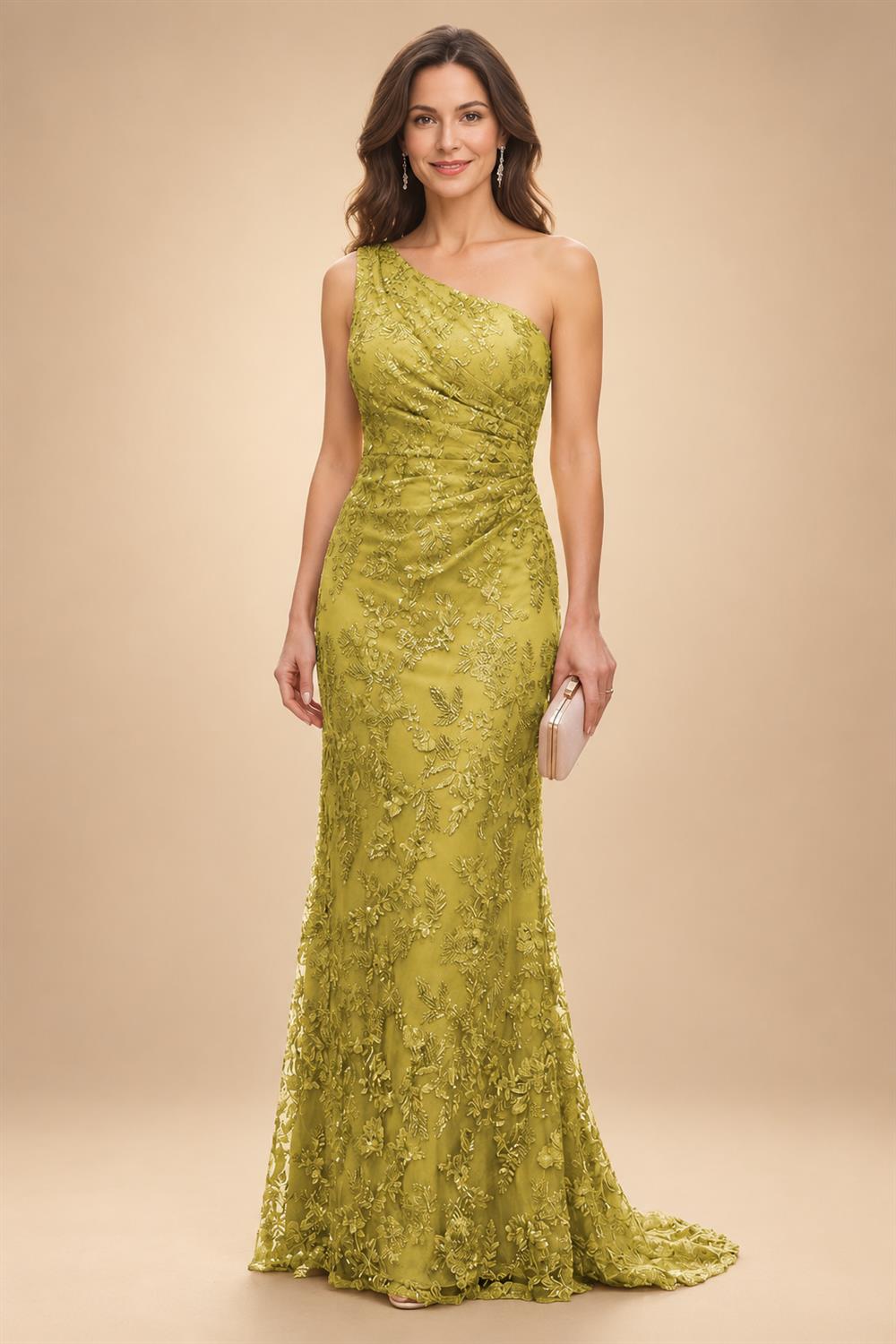 Lace Sheath/Column One Shoulder Floor-Length Mother of the Bride & Groom Dresses with Ruched Waist (SHI22500892)
