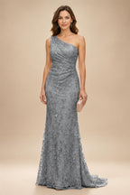 Lace Sheath/Column One Shoulder Floor-Length Mother of the Bride & Groom Dresses with Ruched Waist (SHI22500892)