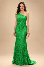 Lace Sheath/Column One Shoulder Floor-Length Mother of the Bride & Groom Dresses with Ruched Waist (SHI22500892)