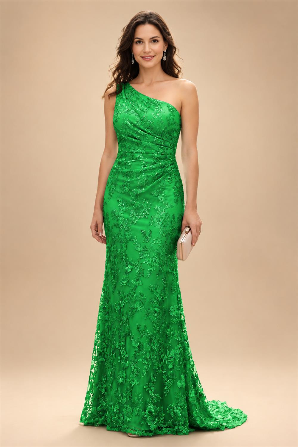Lace Sheath/Column One Shoulder Floor-Length Mother of the Bride & Groom Dresses with Ruched Waist (SHI22500892)