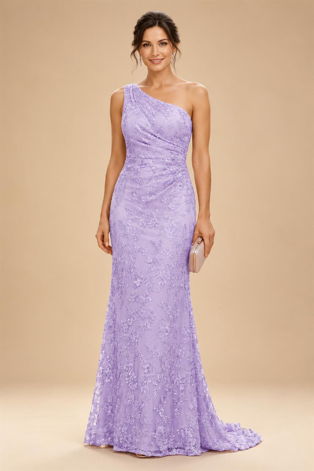 Lace Sheath/Column One Shoulder Floor-Length Mother of the Bride & Groom Dresses with Ruched Waist (SHI22500892)