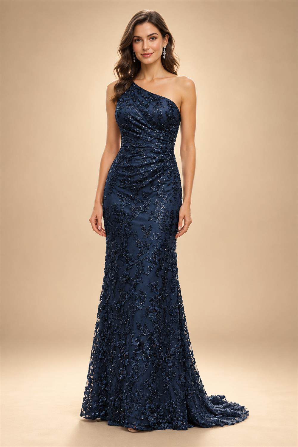 Lace Sheath/Column One Shoulder Floor-Length Mother of the Bride & Groom Dresses with Ruched Waist (SHI22500892)