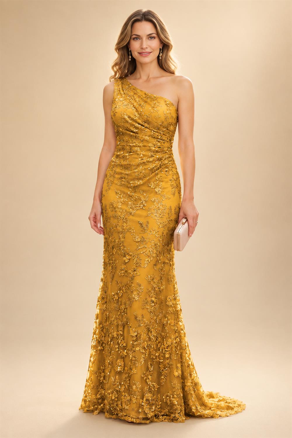 Lace Sheath/Column One Shoulder Floor-Length Mother of the Bride & Groom Dresses with Ruched Waist (SHI22500892)