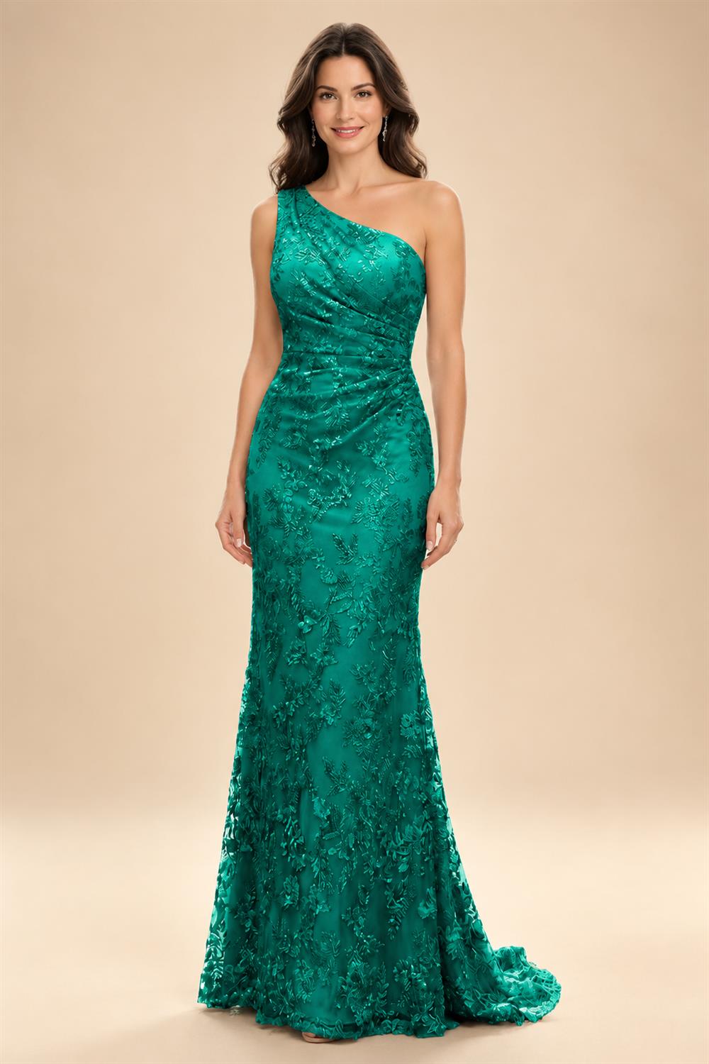 Lace Sheath/Column One Shoulder Floor-Length Mother of the Bride & Groom Dresses with Ruched Waist (SHI22500892)