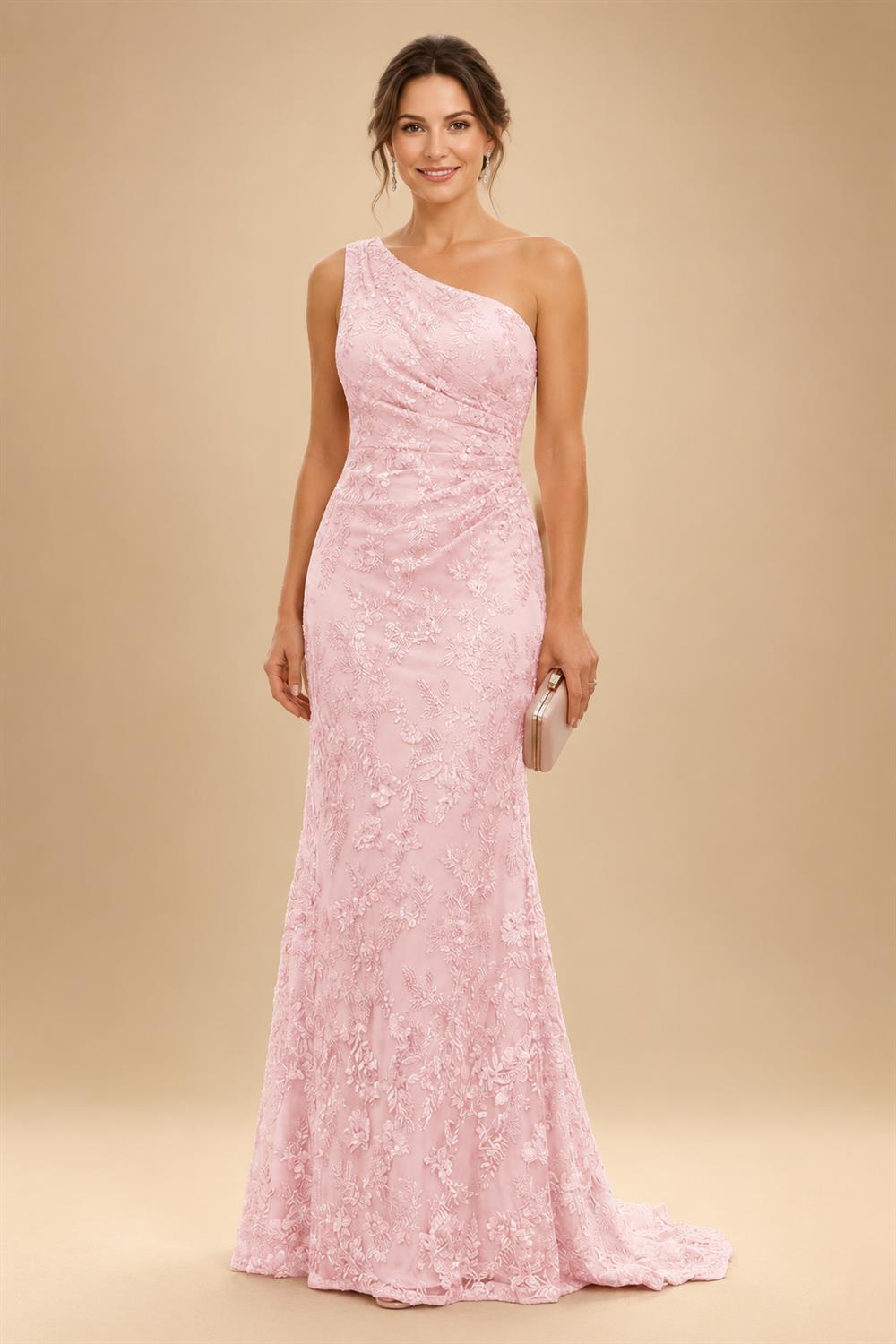 Lace Sheath/Column One Shoulder Floor-Length Mother of the Bride & Groom Dresses with Ruched Waist (SHI22500892)