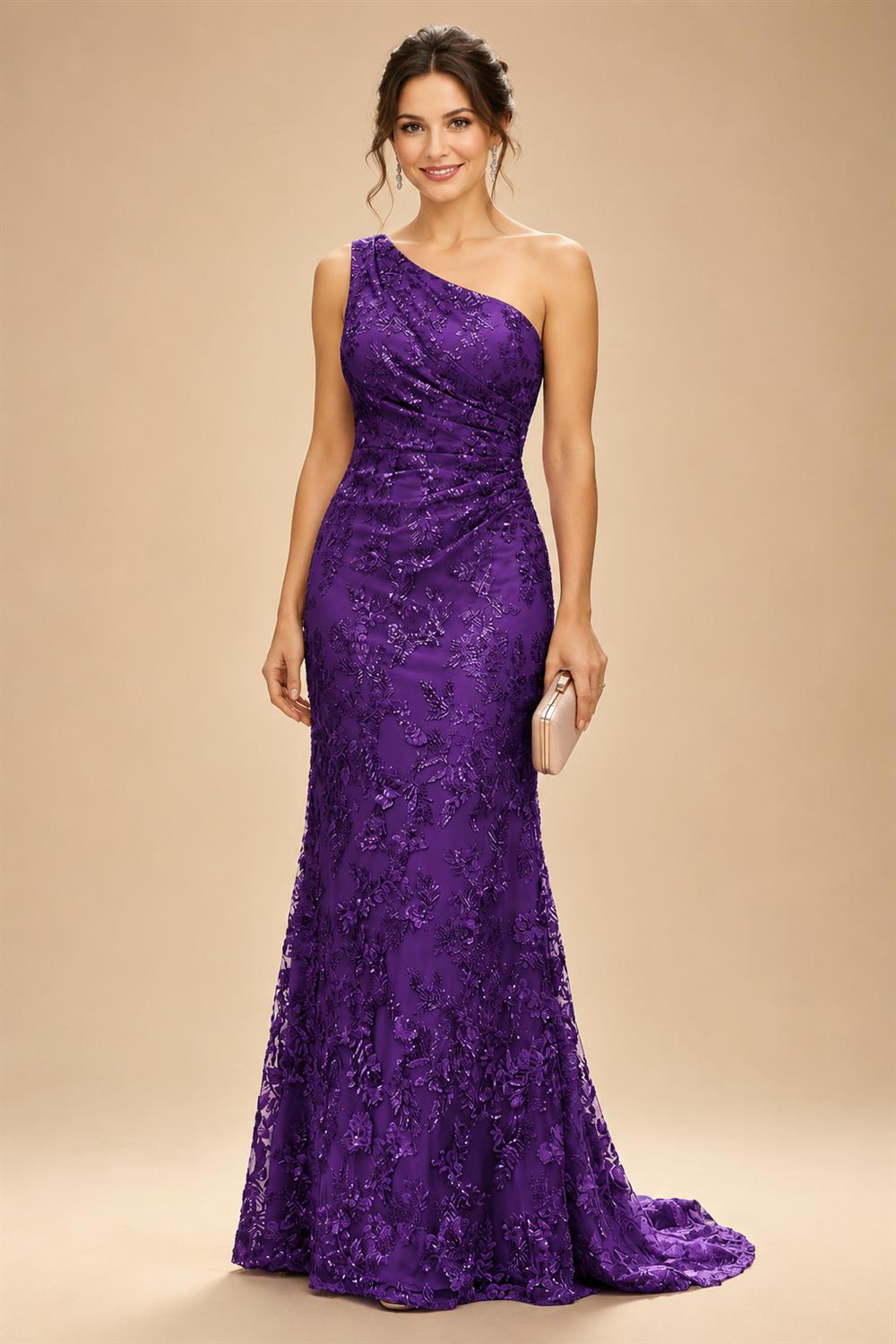 Lace Sheath/Column One Shoulder Floor-Length Mother of the Bride & Groom Dresses with Ruched Waist (SHI22500892)