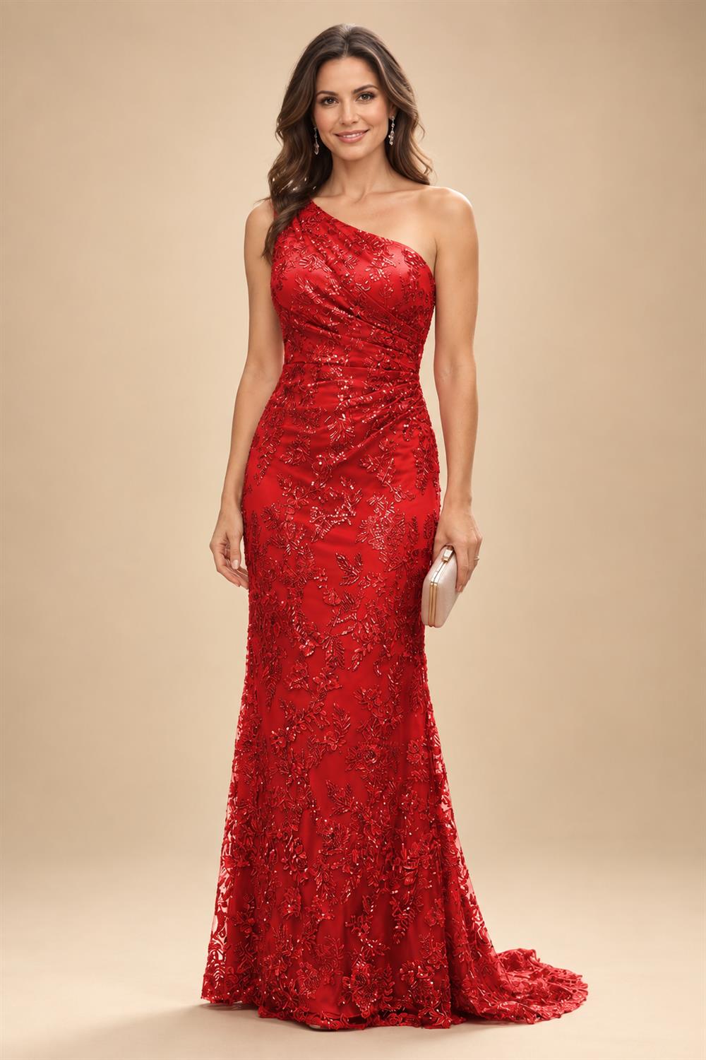 Lace Sheath/Column One Shoulder Floor-Length Mother of the Bride & Groom Dresses with Ruched Waist (SHI22500892)