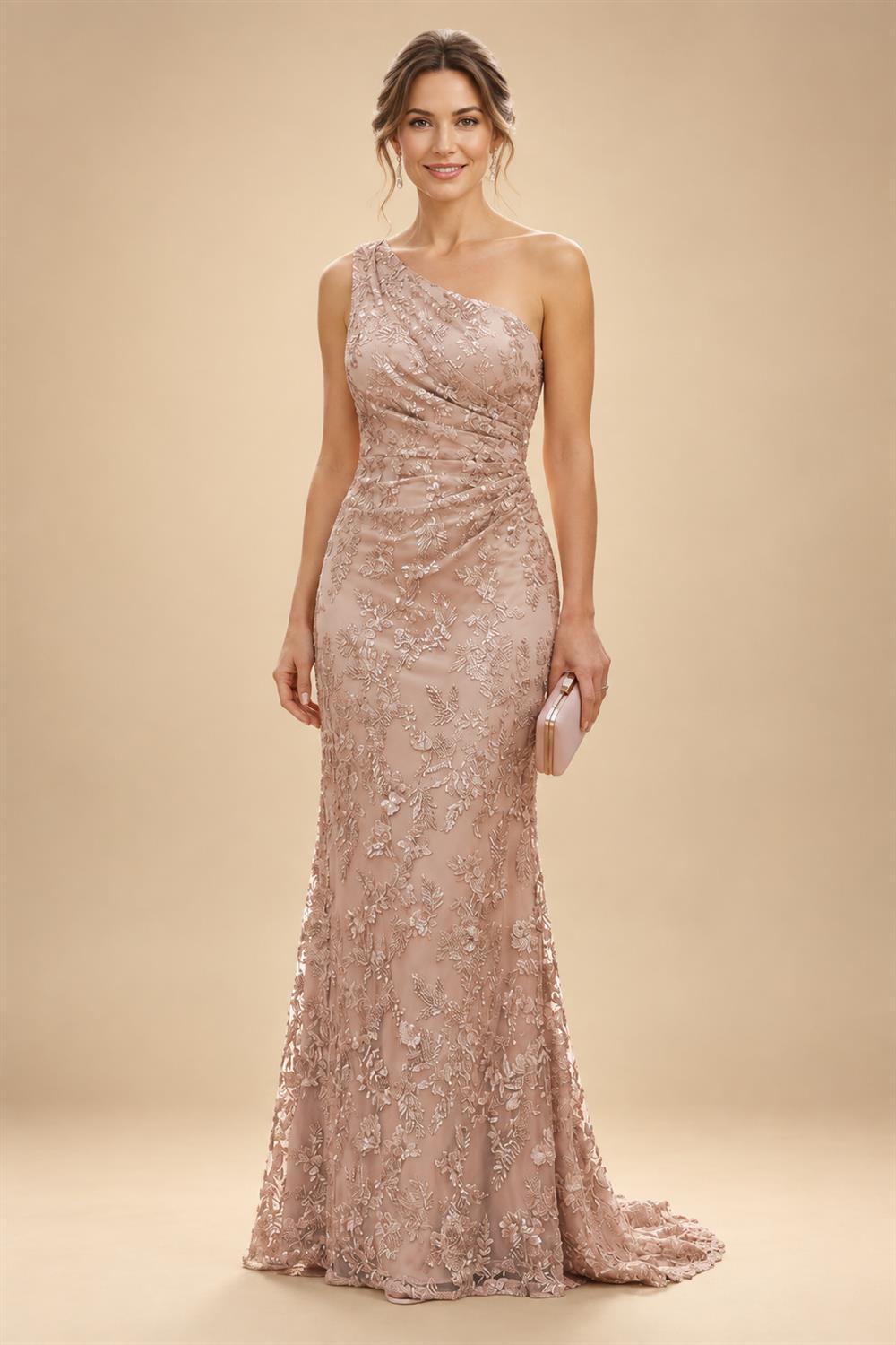 Lace Sheath/Column One Shoulder Floor-Length Mother of the Bride & Groom Dresses with Ruched Waist (SHI22500892)