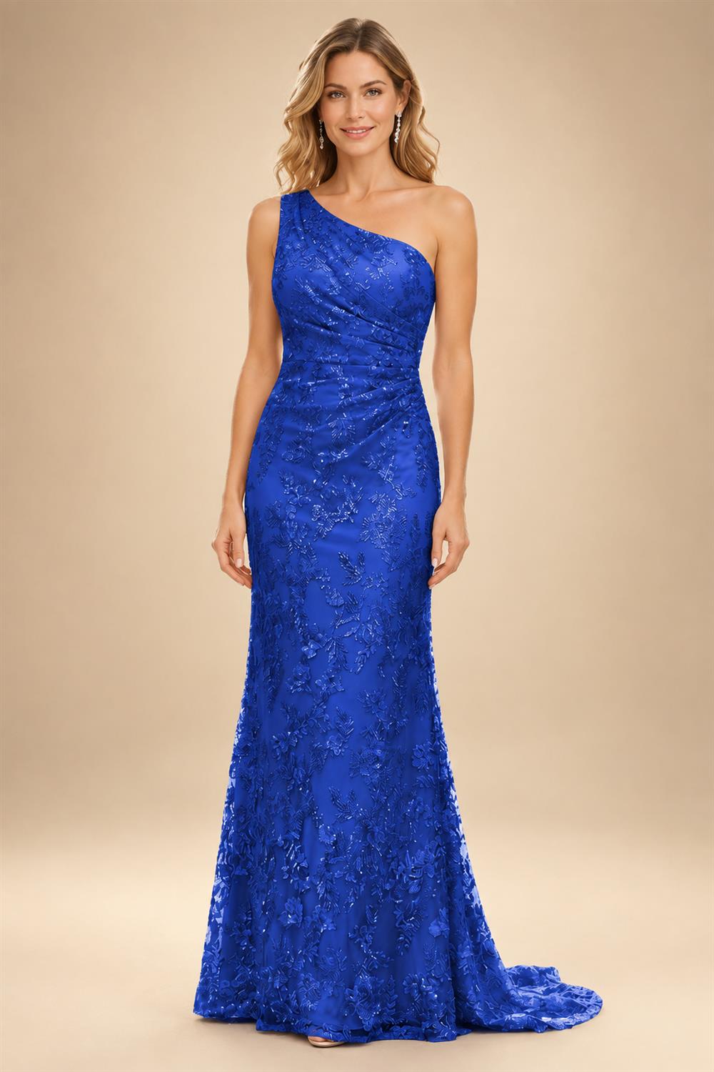 Lace Sheath/Column One Shoulder Floor-Length Mother of the Bride & Groom Dresses with Ruched Waist (SHI22500892)