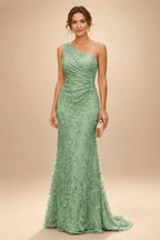 Lace Sheath/Column One Shoulder Floor-Length Mother of the Bride & Groom Dresses with Ruched Waist (SHI22500892)