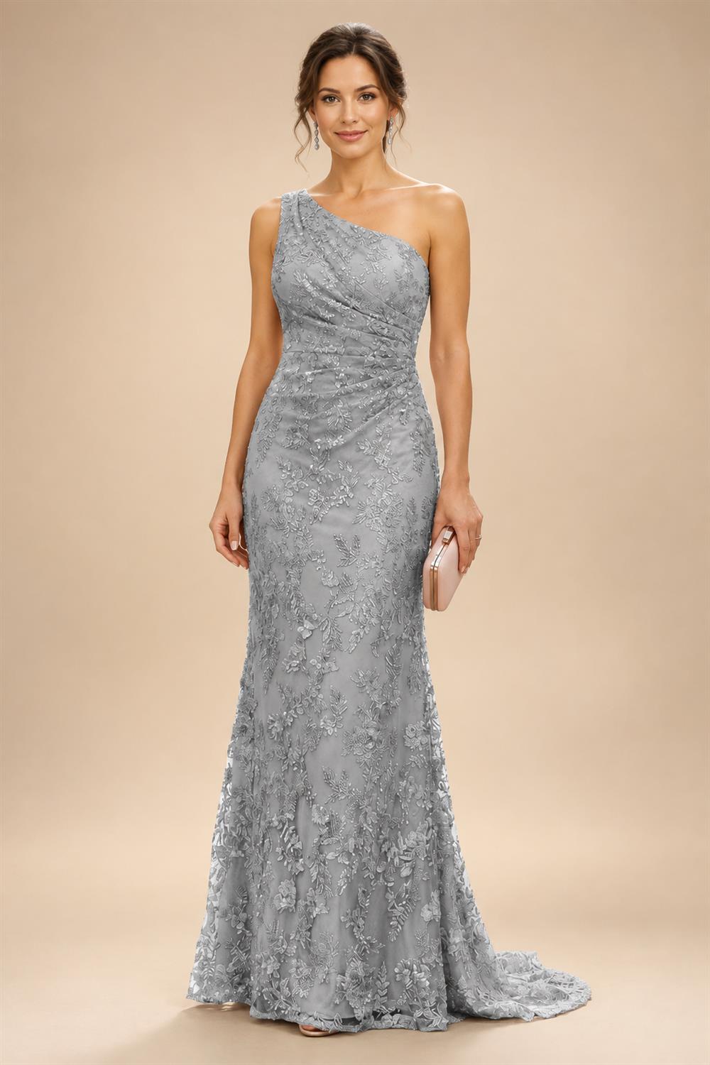 Lace Sheath/Column One Shoulder Floor-Length Mother of the Bride & Groom Dresses with Ruched Waist (SHI22500892)