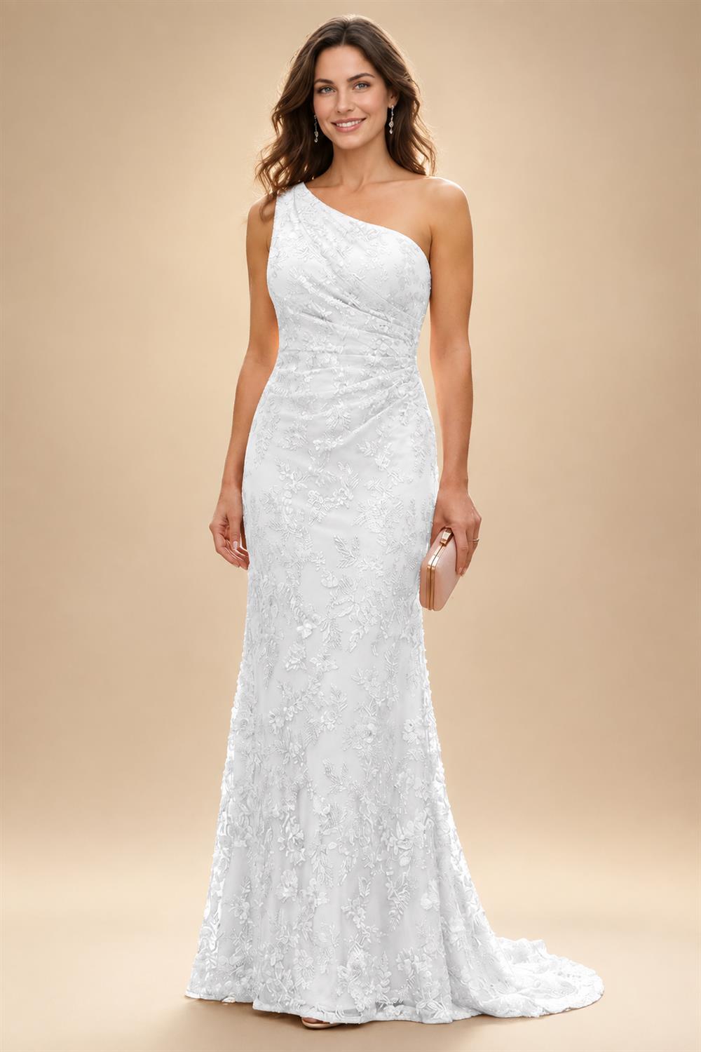 Lace Sheath/Column One Shoulder Floor-Length Mother of the Bride & Groom Dresses with Ruched Waist (SHI22500892)