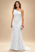 Lace Sheath/Column One Shoulder Floor-Length Mother of the Bride & Groom Dresses with Ruched Waist (SHI22500892)