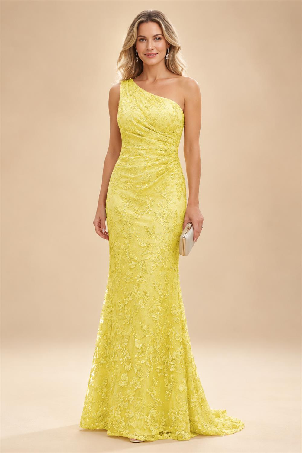Lace Sheath/Column One Shoulder Floor-Length Mother of the Bride & Groom Dresses with Ruched Waist (SHI22500892)