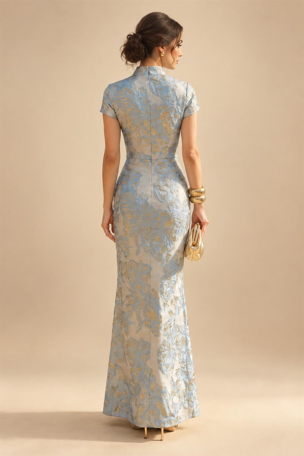Jacquard Sheath/Column V-Neck Floor-Length Mother of the Bride & Groom Dresses with Ruched Waist (SHI22501057)