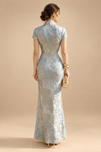 Jacquard Sheath/Column V-Neck Floor-Length Mother of the Bride & Groom Dresses with Ruffles & Ruched Waist (SHI22501058)