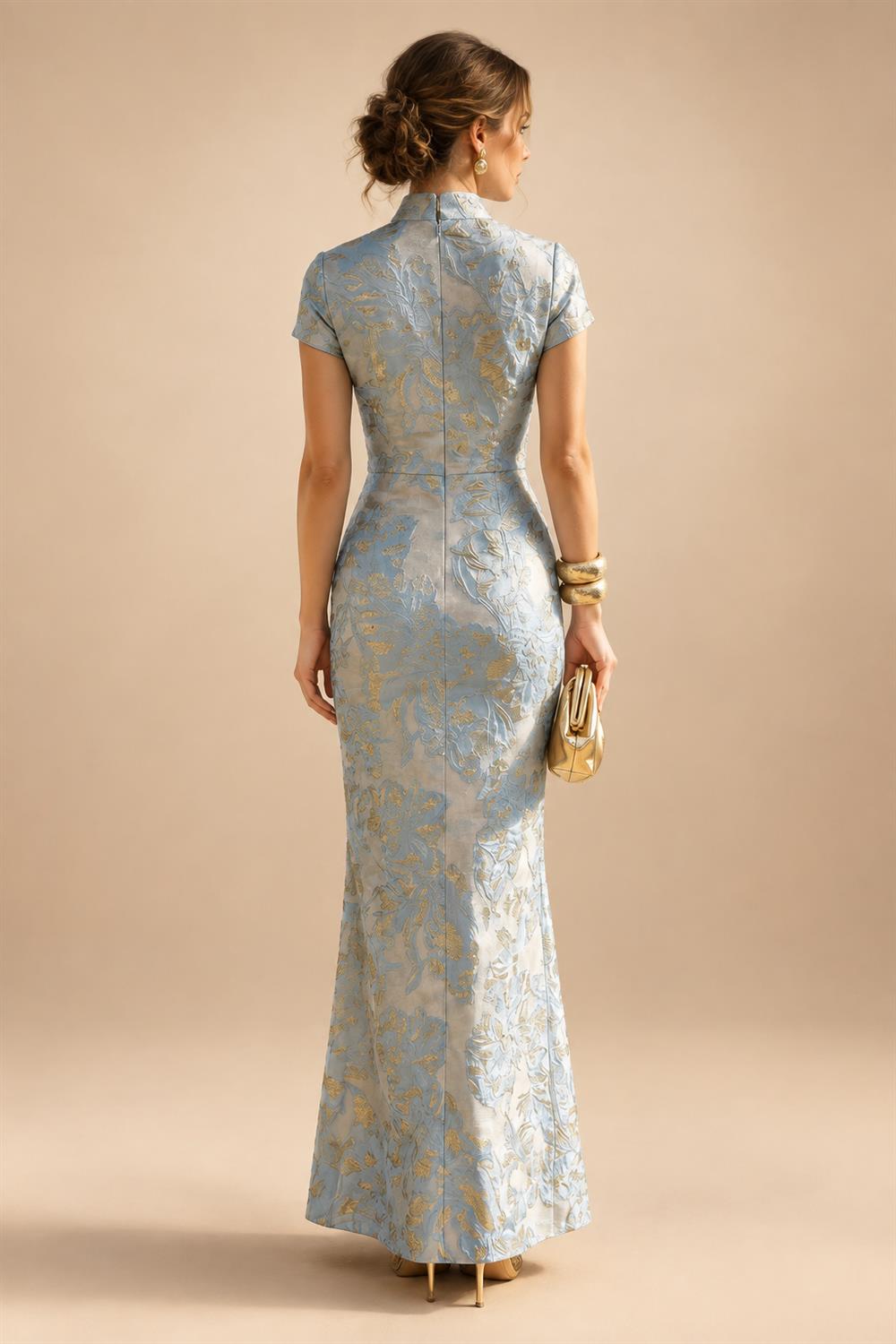 Jacquard Sheath/Column V-Neck Floor-Length Mother of the Bride & Groom Dresses with Ruched Waist (SHIB22500907)