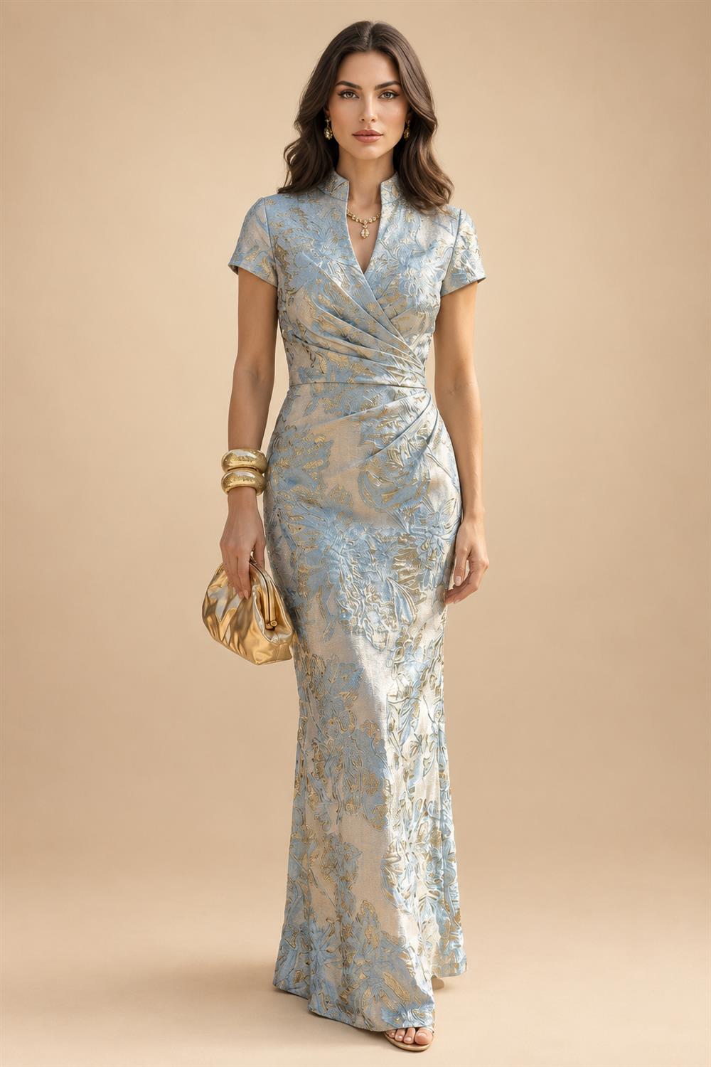 A-Line/Princess V-Neck Chiffon Floor-Length Mother of the Bride & Groom Dresses with Lace Appliques & Ruched Waist (SHI22501678)