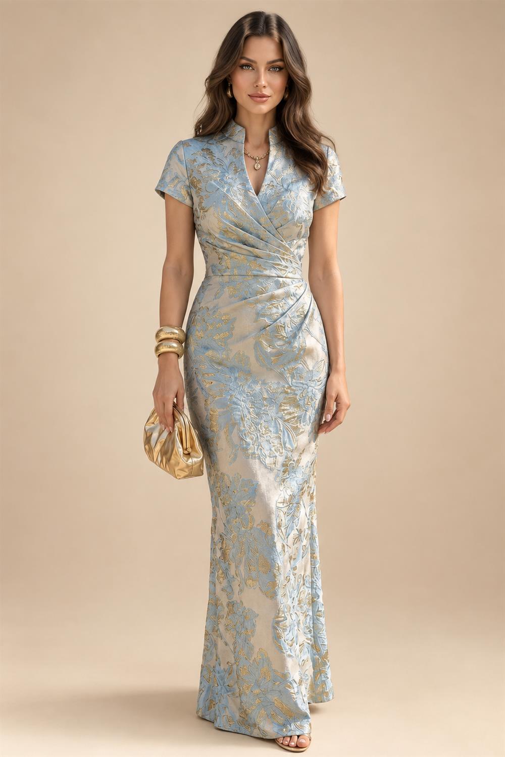 Jacquard Sheath/Column V-Neck Floor-Length Mother of the Bride & Groom Dresses with Ruched Waist (SHI22501057)