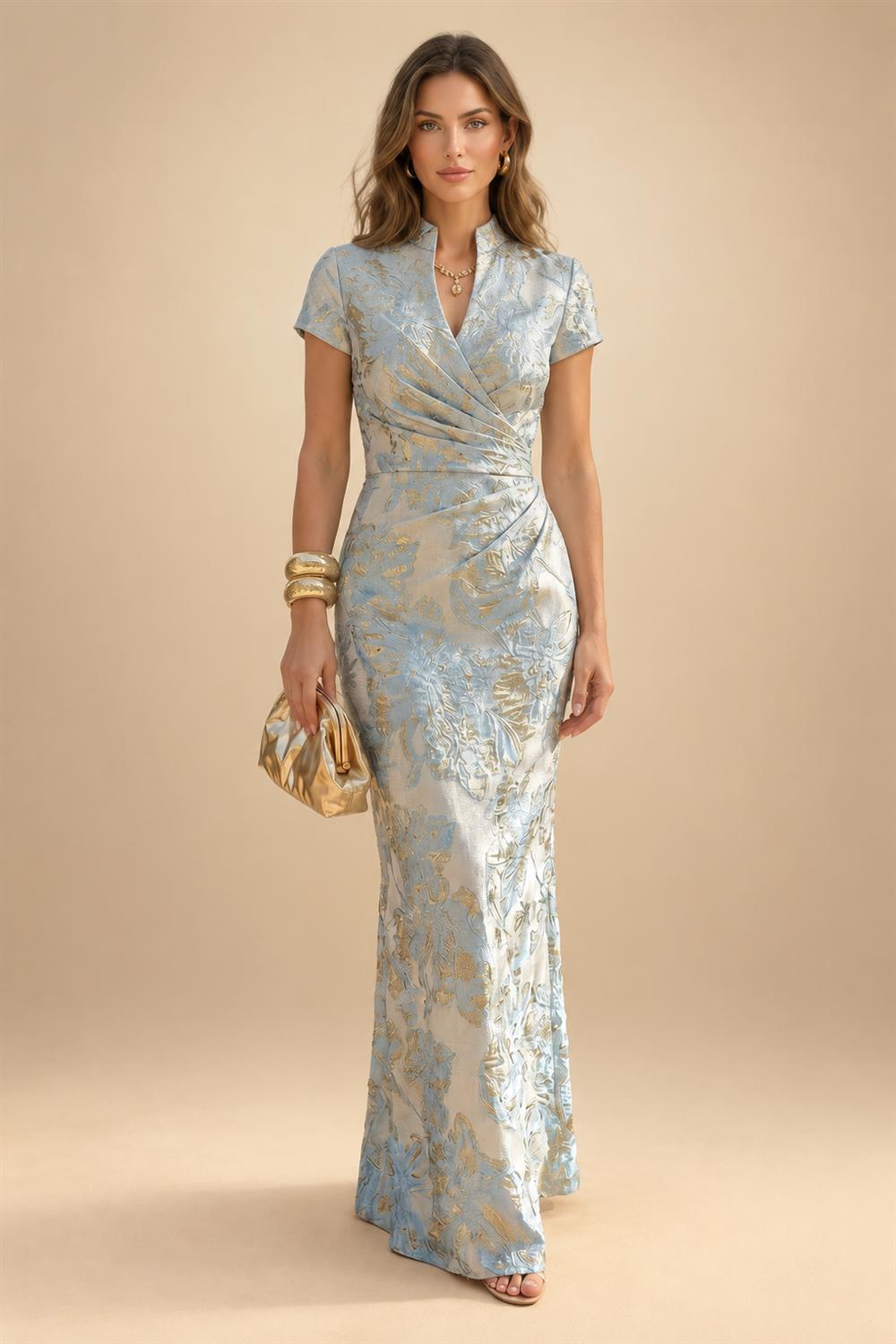 Jacquard Sheath/Column V-Neck Floor-Length Mother of the Bride & Groom Dresses with Ruched Waist (SHI22501057)