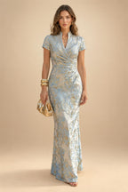 Jacquard Sheath/Column V-Neck Floor-Length Mother of the Bride & Groom Dresses with Ruched Waist (SHI22501057)