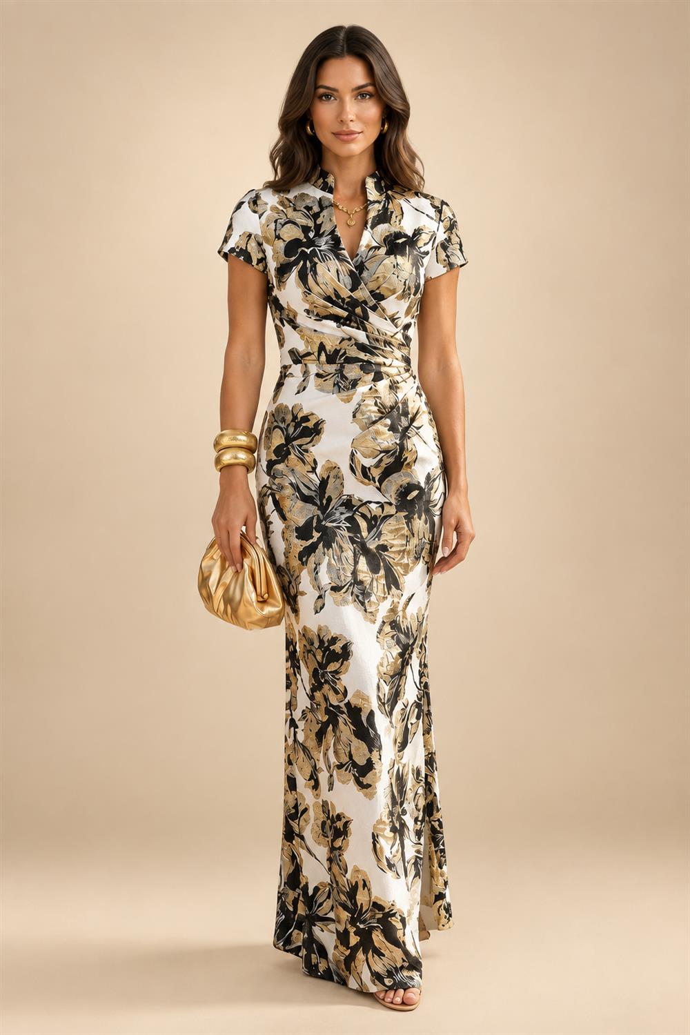 Jacquard Sheath/Column V-Neck Floor-Length Mother of the Bride & Groom Dresses with Ruched Waist (SHIB22500907)