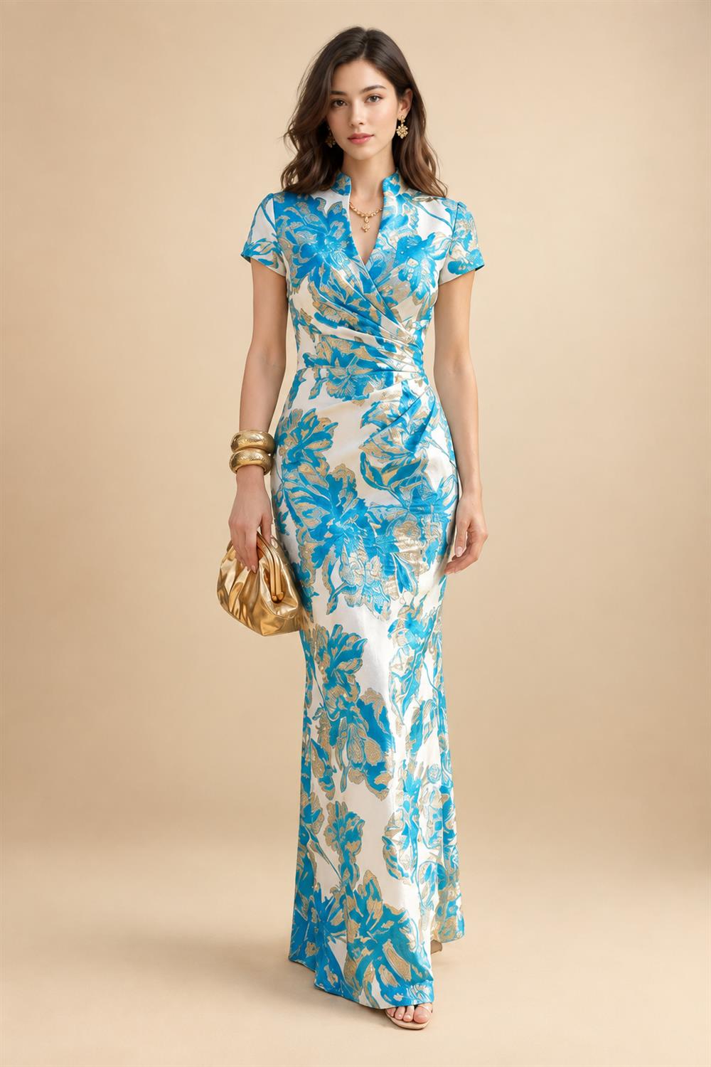 Jacquard Sheath/Column V-Neck Floor-Length Mother of the Bride & Groom Dresses with Ruched Waist (SHIB22500907)