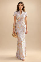 Jacquard Sheath/Column V-Neck Floor-Length Mother of the Bride & Groom Dresses with Ruched Waist (SHIB22500907)