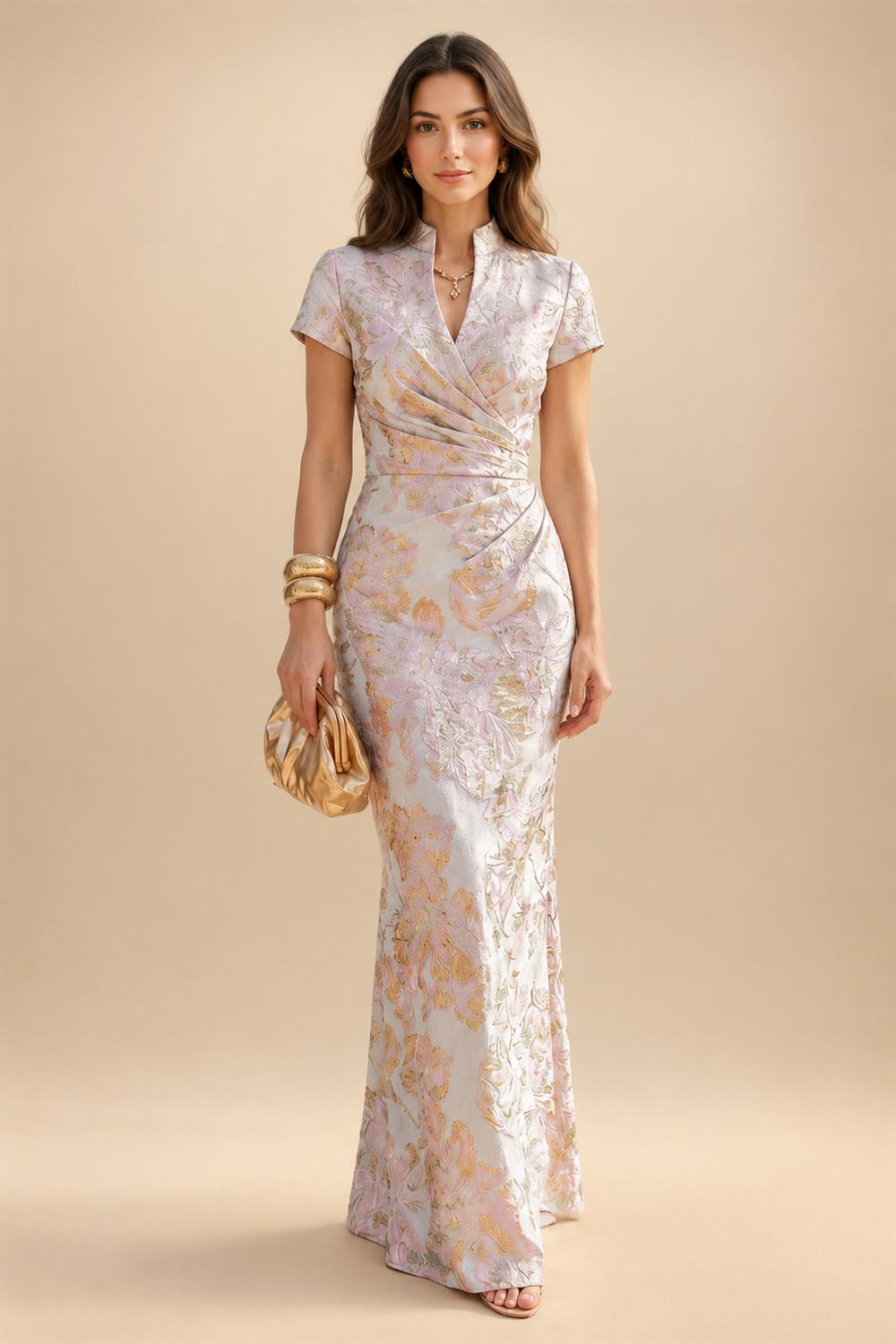 Jacquard Sheath/Column V-Neck Floor-Length Mother of the Bride & Groom Dresses with Ruched Waist (SHIB22500907)