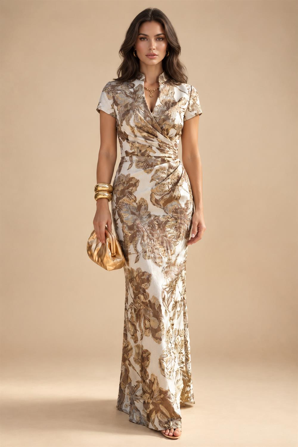 Jacquard Sheath/Column V-Neck Floor-Length Mother of the Bride & Groom Dresses with Ruched Waist (SHIB22500907)
