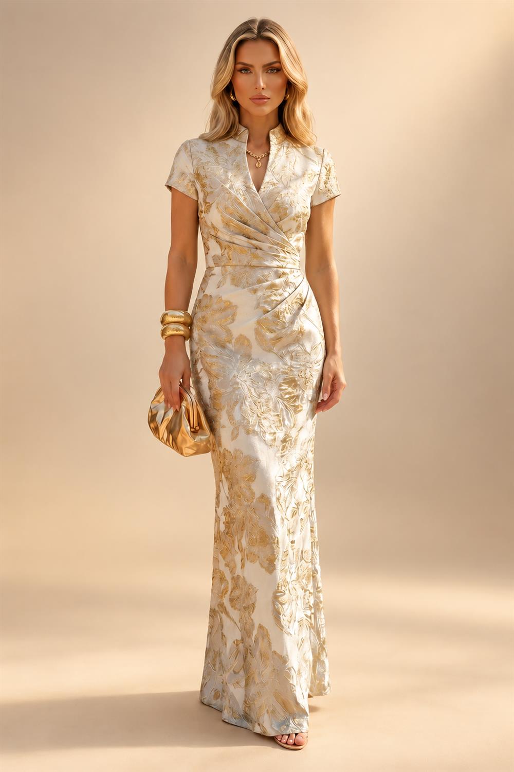 Jacquard Sheath/Column V-Neck Floor-Length Mother of the Bride & Groom Dresses with Ruched Waist (SHIB22500907)