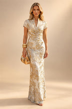 Jacquard Sheath/Column V-Neck Floor-Length Mother of the Bride & Groom Dresses with Ruched Waist (SHIB22500907)