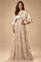 Sheath/Column Off Shoulder Stretch Jersey Floor-Length Mother of the Bride & Groom Dresses with Lace Appliques Sleeves & Slit (SHI22501550)
